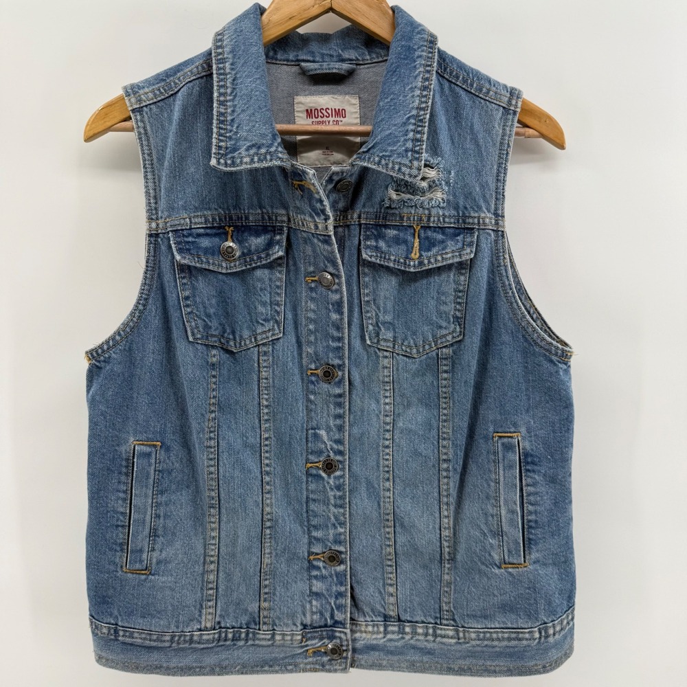 Mossimo Supply Co Womens XL Distressed Denim Vest Medium Wash Button Up Trucker